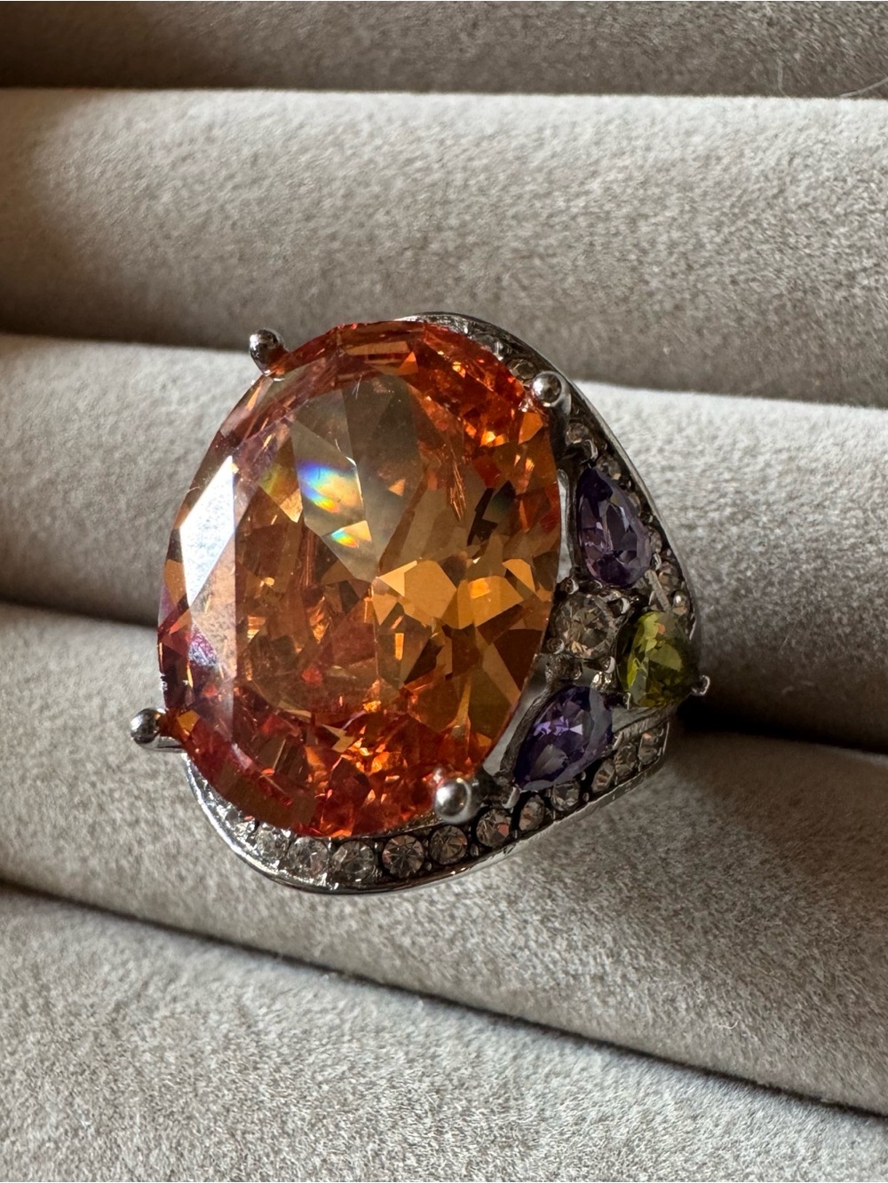 316L Stainless Steel Huge Orange Crystal Multicolor Statement Ring Size 10